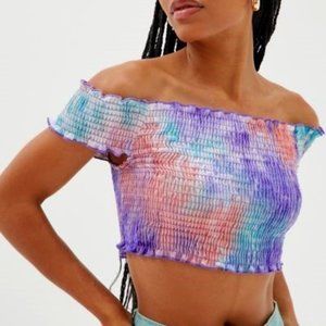 Smocked Tie Dye Off Shoulder Crop Top